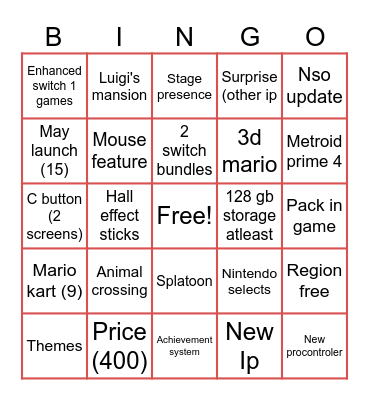 Nintendo switch 2 direct Bingo Card