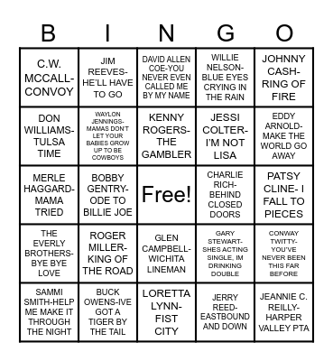 60S/70S COUNTRY CLASSICS Bingo Card