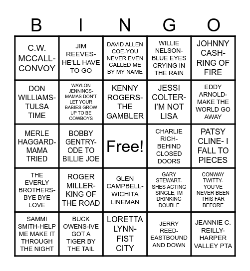 60S/70S COUNTRY CLASSICS Bingo Card