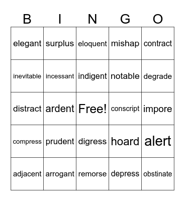 Vocabulary Bingo Card