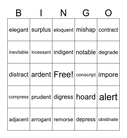 Vocabulary Bingo Card
