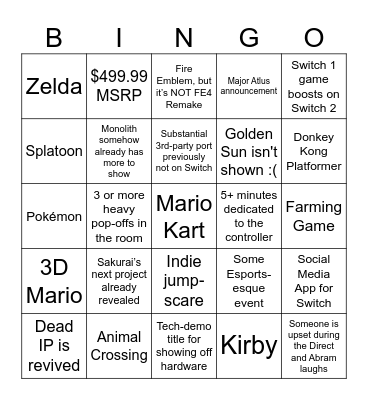 Switch 2 Direct Bingo Card