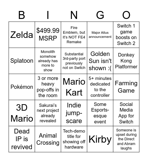 Switch 2 Direct Bingo Card