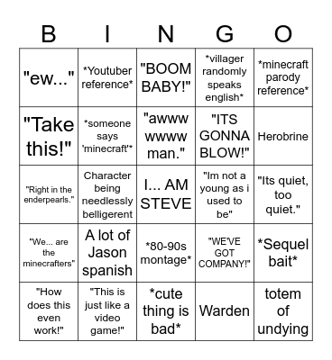 Minecraft Movie Bingo Card