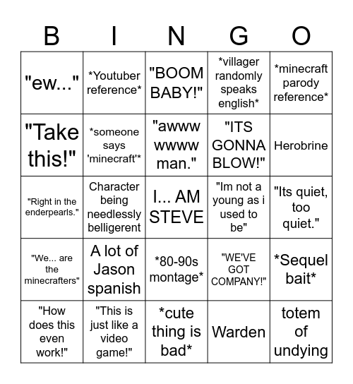 Minecraft Movie Bingo Card