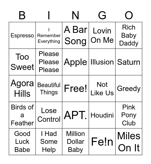 2024 Pop Music Hits Bingo Card