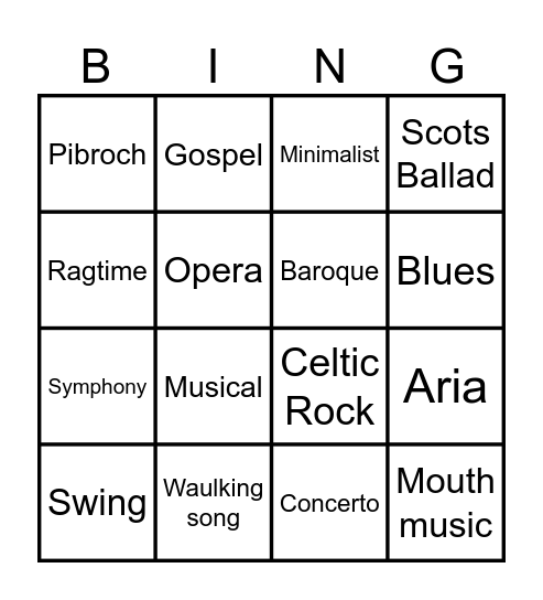 N5 Music Styles Bingo Card