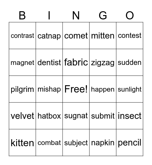 Multisyllabic Words Bingo Card