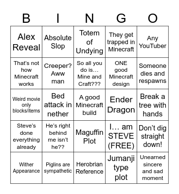 Minecraft Movie Bingo Card