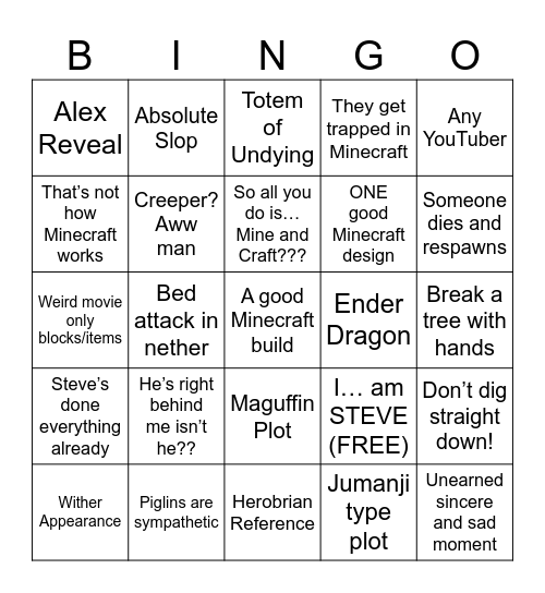 Minecraft Movie Bingo Card