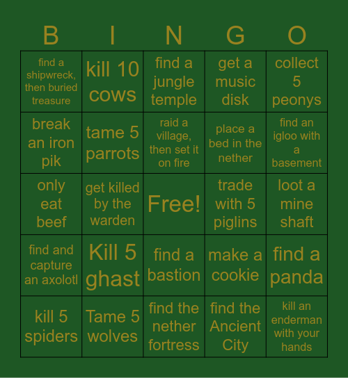 Minecraft Bingo Card