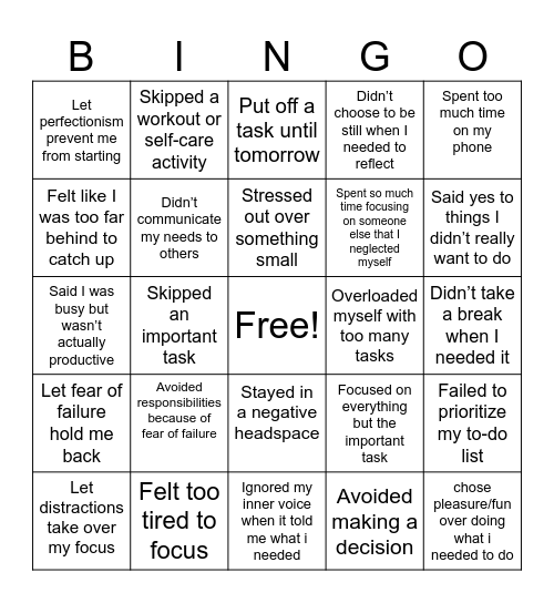 Overwhelm Bingo Card Bingo Card