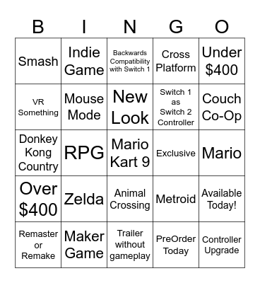 Nintendo Direct: Switch 2 Bingo Card