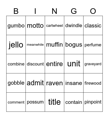 Syllable Division Bingo Card