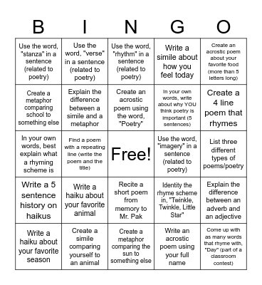 Poetry Bingo Card