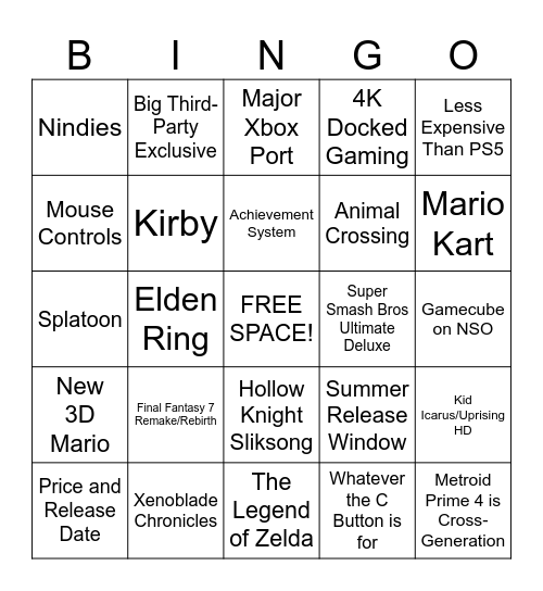 Switch 2 Direct Predictions Bingo Card