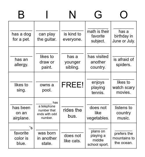 How well do you know your classmates? Bingo Card