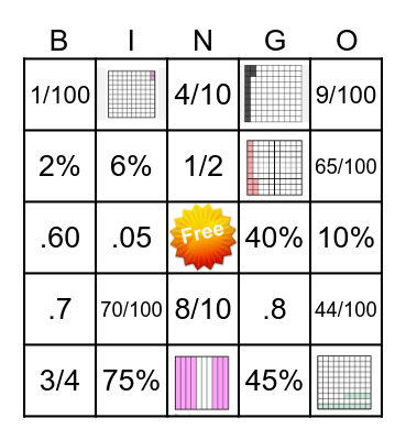 Fraction/Decimal/Percent Bingo Card