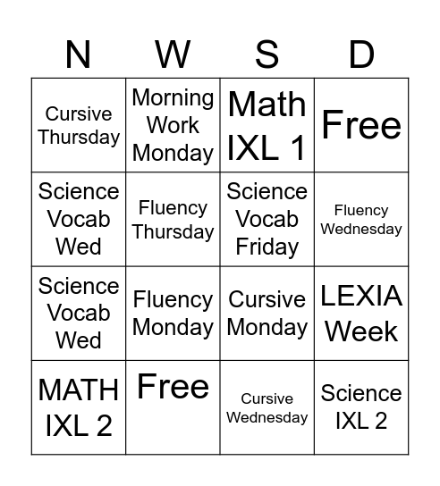 NICK'S HOMEWORK BINGO Card
