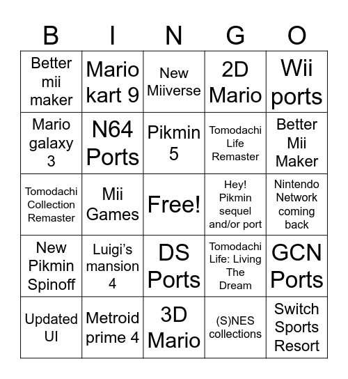 Switch 2 Bingo Card