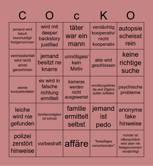 True Crime Bingo Card