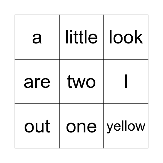 Yellow Words Bingo Card