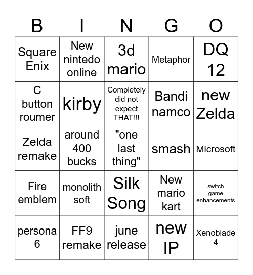 Switch 2 direct Bingo Card