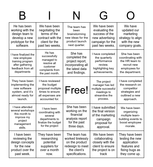 Present perfect vs present perfect continous Bingo Card