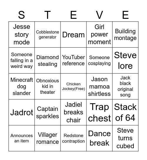 A Minecraft Movie Bingo Card