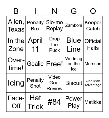 Jade's Wedding Playoff Bingo Card