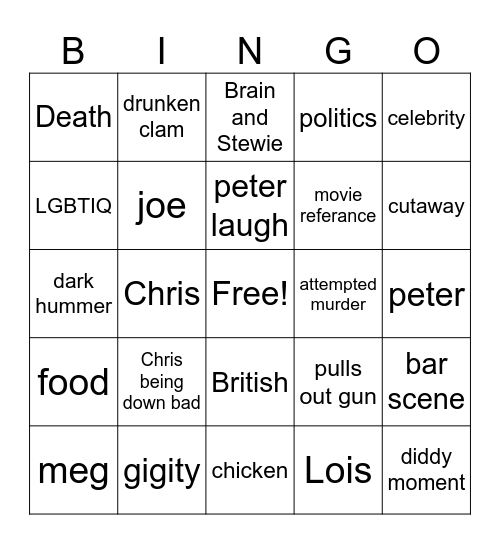 Family guy bingo Card