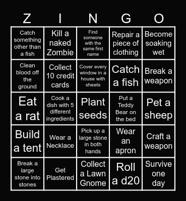 Zomboid Bingo Card