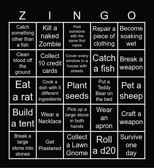Zomboid Bingo Card