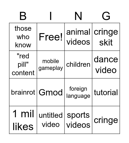 Yt shorts bingo 2025 Bingo Card