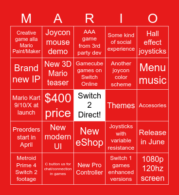 Switch 2 Direct Bingo Card