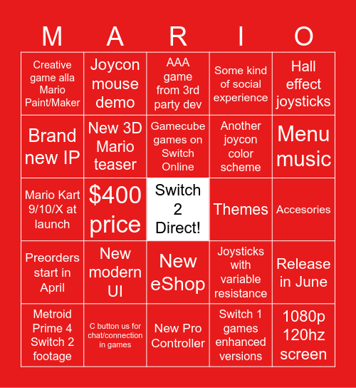 Switch 2 Direct Bingo Card