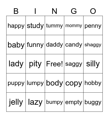 Y as a Vowel "e" Bingo Card