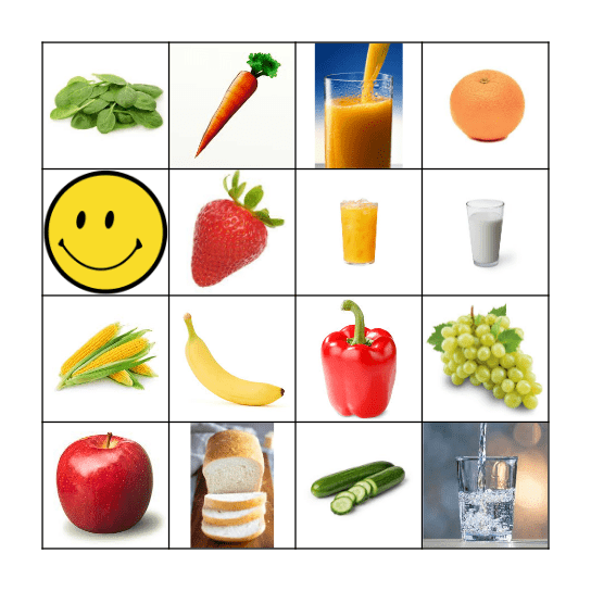 Fruit, Veggies, and Drinks Bingo Card