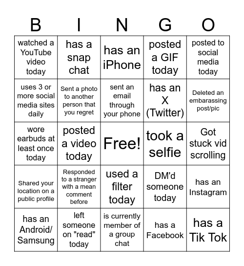 Social Media Bingo Card
