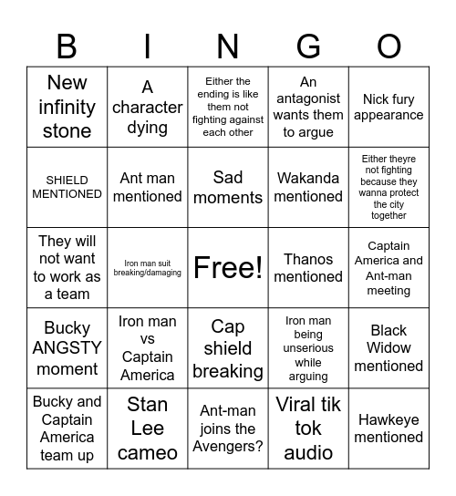 Bingo Captain America : Civil War Bingo Card