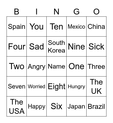 Greetings, Numbers and Countries Bingo Card