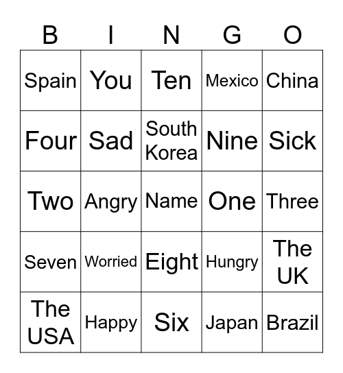 Greetings, Numbers and Countries Bingo Card
