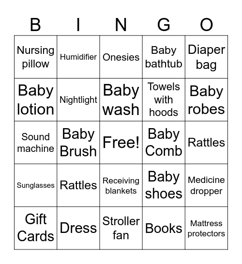 Baby Shower Bingo Card