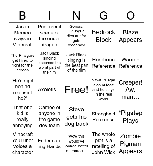 A MINECRAFT MOVIE PREDICTIONS Bingo Card