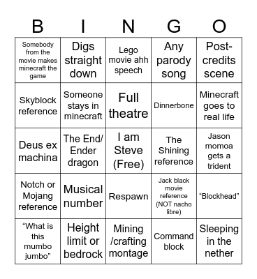 Minecraft Movie Predictions Bingo Card