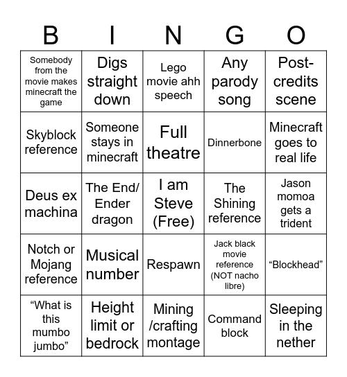 Minecraft Movie Predictions Bingo Card