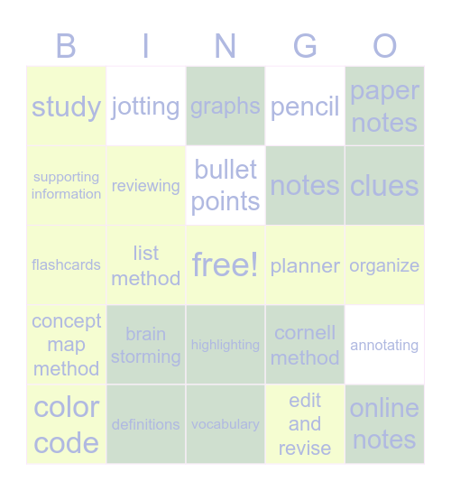 Note Taking Strategies Bingo Card