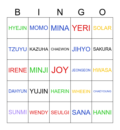 Kpop 2 Bingo Card