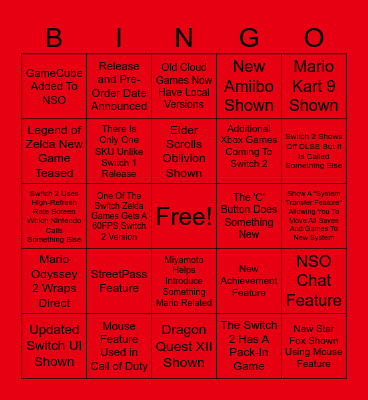 Nintendo Switch 2 BINGO Card