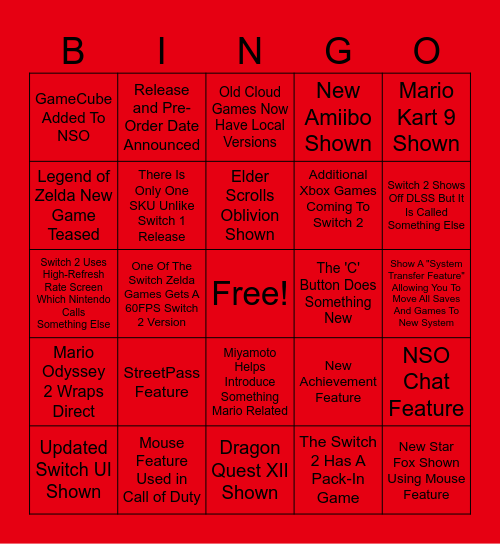 Nintendo Switch 2 BINGO Card